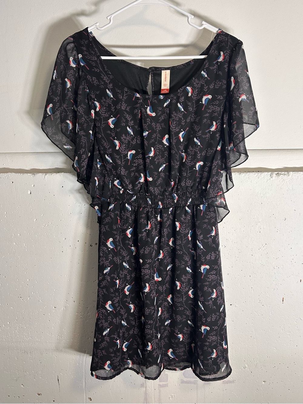 No Boundaries Black Bird-Print Flutter Sleeve Dress
